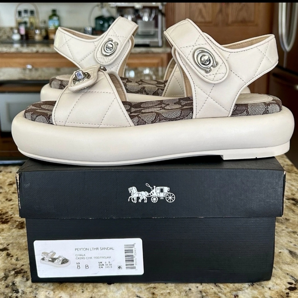 Coach Peyton Double Buckle Flatform sandals Chalk Leather SZ 8 B - Picture 9 of 12